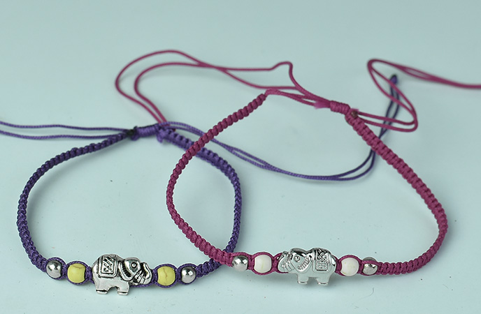Bali beach bracelet macrame hand braided with Indian Elephant silver planted charms