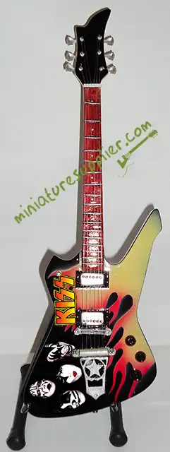 Miniature guitar replica Kiss flame logos