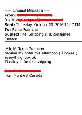 text mail from buyer to testimonial in miniature music instrument